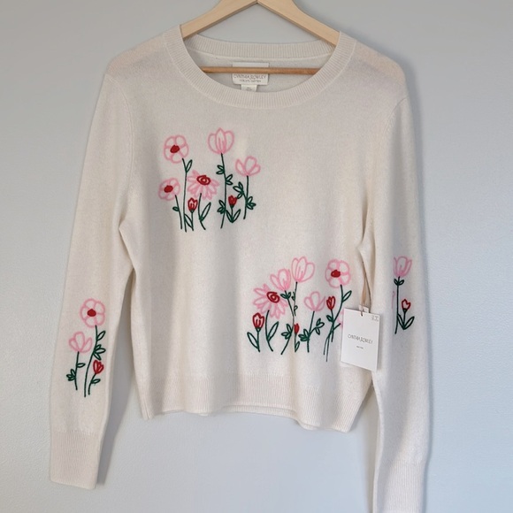 CYNTHIA ROWLEY Embroidered 100% 2PLY Cashmere Crew Neck Sweater in Cream Size L - Picture 1 of 8